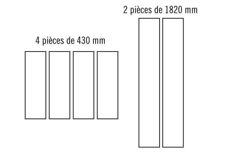 Représentation de quatre pièces de 430 millimètres et de deux pièces de 1820 millimètres.