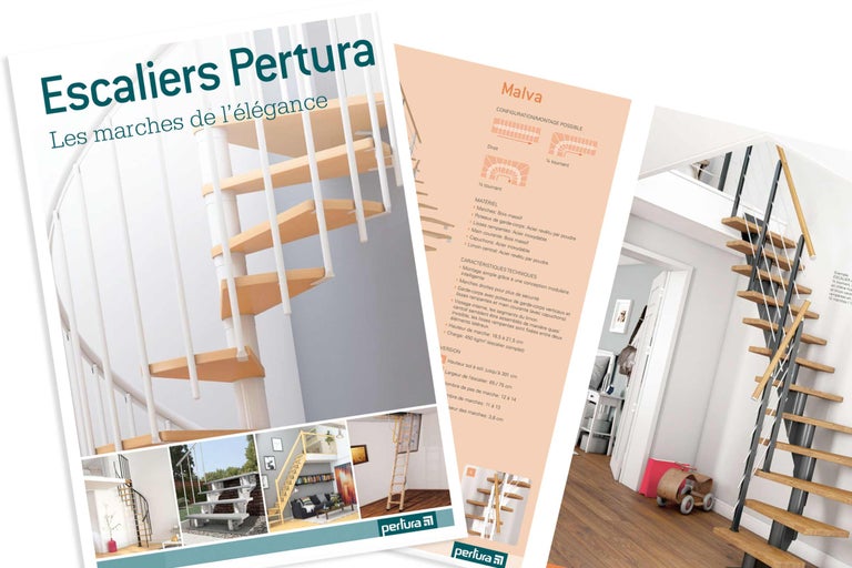 Brochure produit pour les escaliers Pertura présentant le modèle Malva, marches en bois, garde-corps en métal et diverses formes. Pertura Logo.