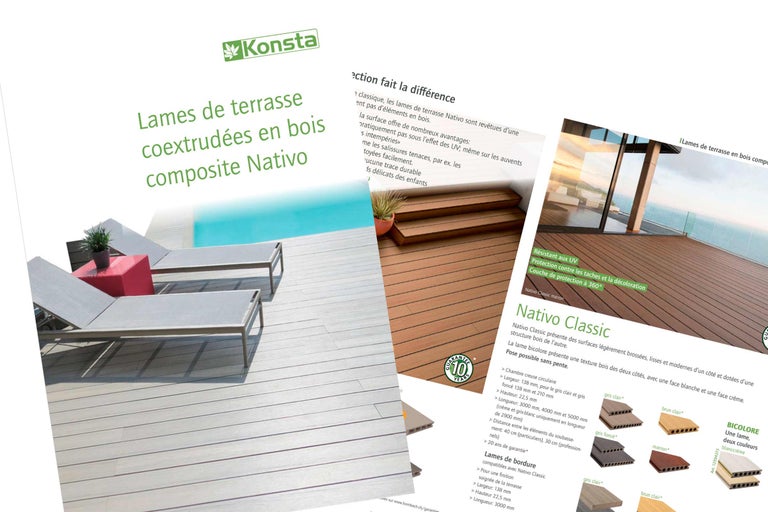 Brochure pour lames de terrasse coextrudées Konsta Nativo en bois composite avec exemples au bord d'une piscine, choix de couleurs et garantie 10 ans.