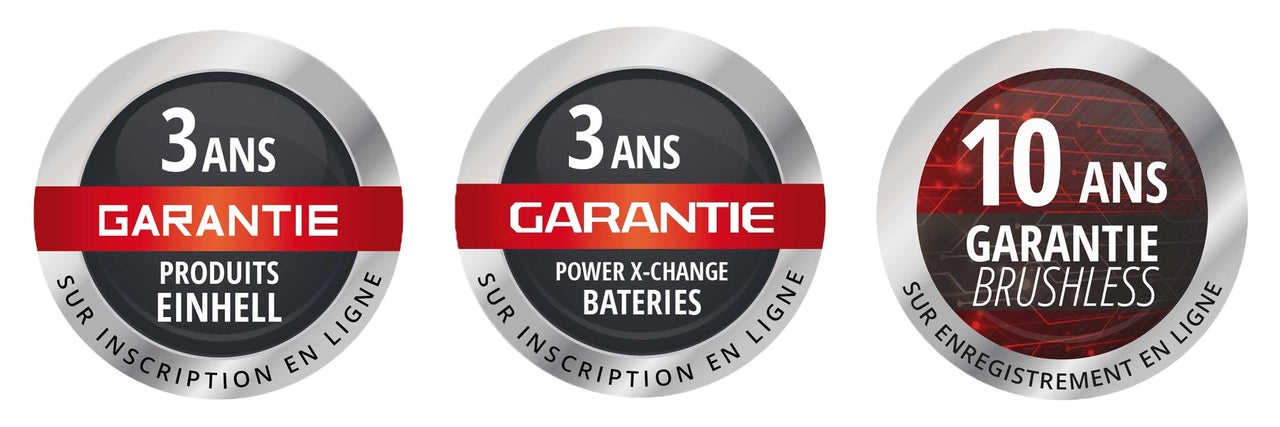 Sceau de garantie : garantie de trois ans pour les produits Einhell lors de l’enregistrement en ligne, garantie de trois ans pour les batteries Power X-Change lors de l’enregistrement en ligne et garantie de dix ans pour les produits sans balais lors de l’enregistrement en ligne