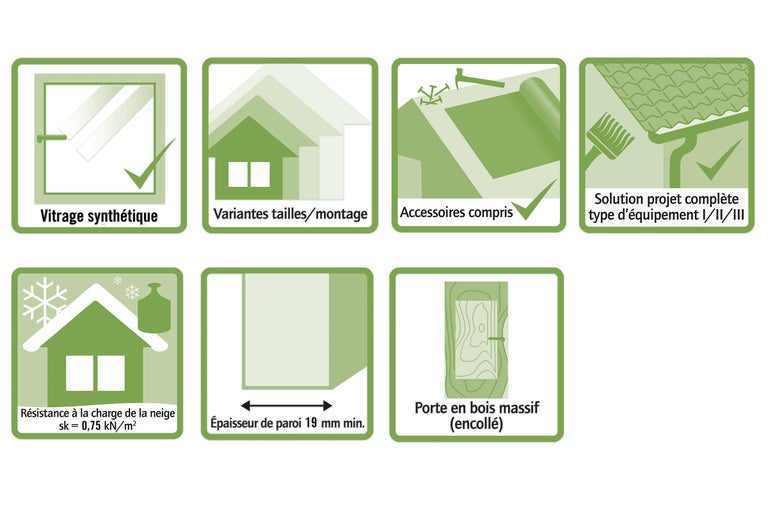 Pictogrammes pour vitrage synthétique, variantes de tailles, accessoires, solution de projet complète type I/II/III, résistance à la charge de neige, épaisseur de paroi et porte en bois massif