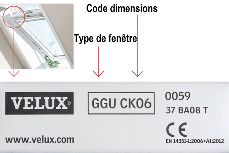 Logo Velux et informations sur le type et les dimensions du vasistas