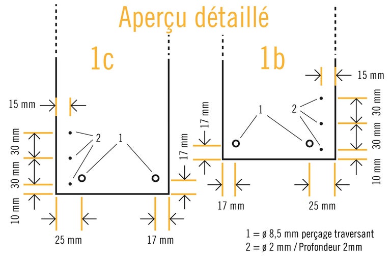 Vue détaillée avec indications de dimensions et trous de forage
