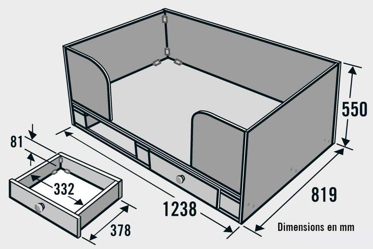 Dessin technique d'un meuble bas avec tiroirs et indications de dimensions en millimètres