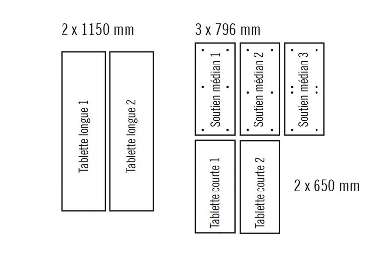 Illustration avec deux longues étagères de 1150 mm, trois supports centraux de 796 mm et deux courtes étagères de 650 mm.