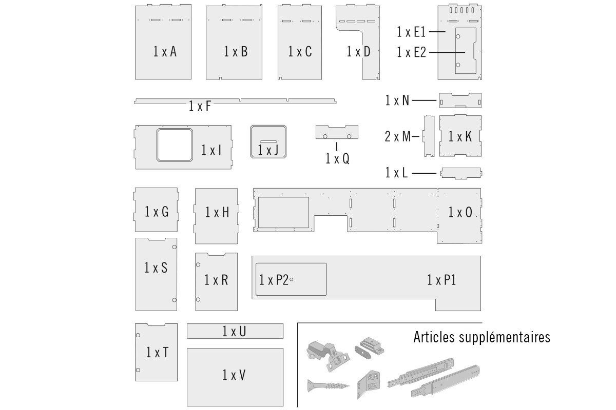 Schéma éclaté d'un kit de meubles avec différents panneaux de bois et articles supplémentaires