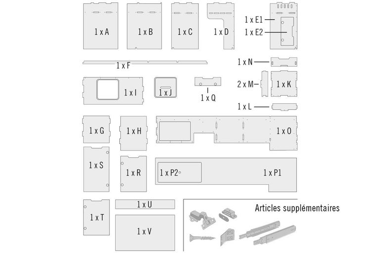 Schéma éclaté d'un kit de meubles avec différents panneaux de bois et articles supplémentaires