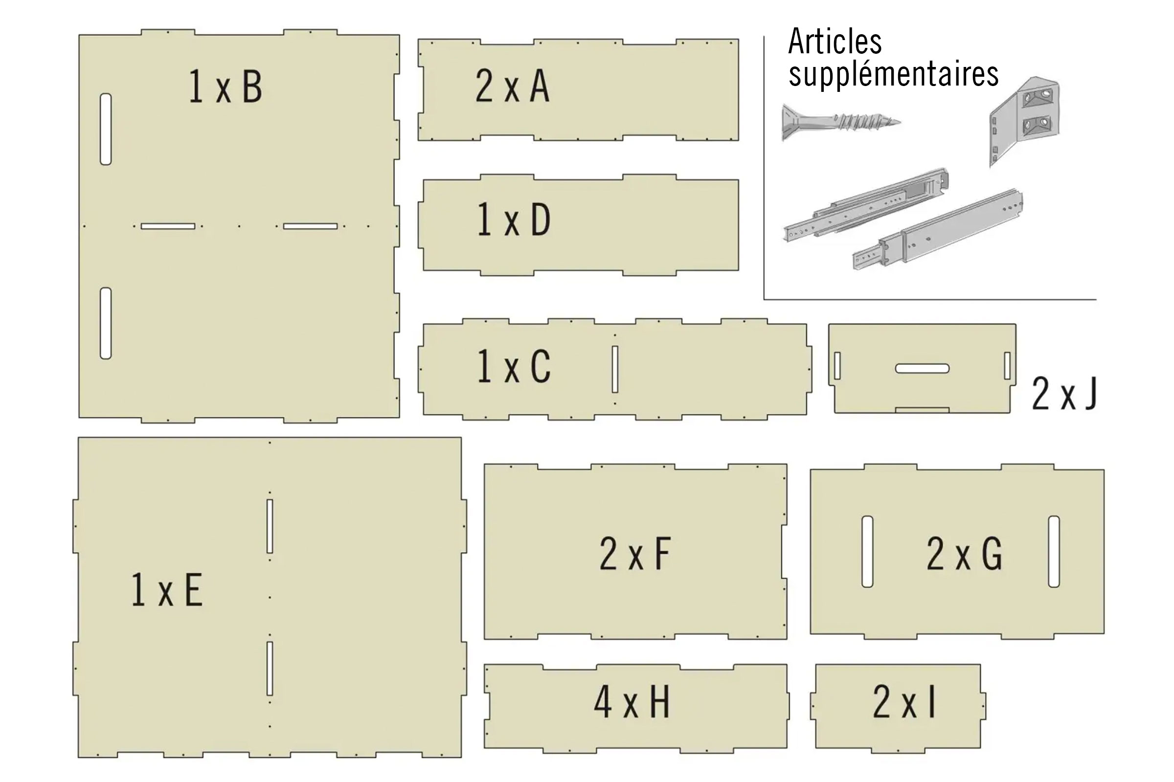 Vue d'ensemble des pièces détachées et des articles complémentaires d'un meuble