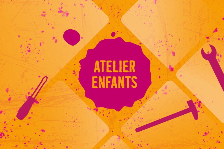 Image avec outils et le texte Atelier pour enfants