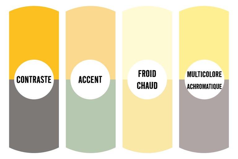 Présentation des combinaisons de couleurs contrastées, accentuées, chaudes-froides et multicolores achromatiques.