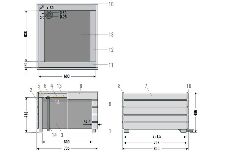 Schéma technique d'un meuble de salle de bains avec dimensions
