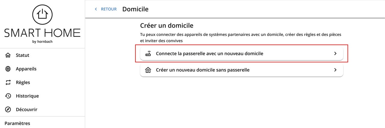 Application Hornbach Smart Home : Vue d’ensemble de la création d’un domicile