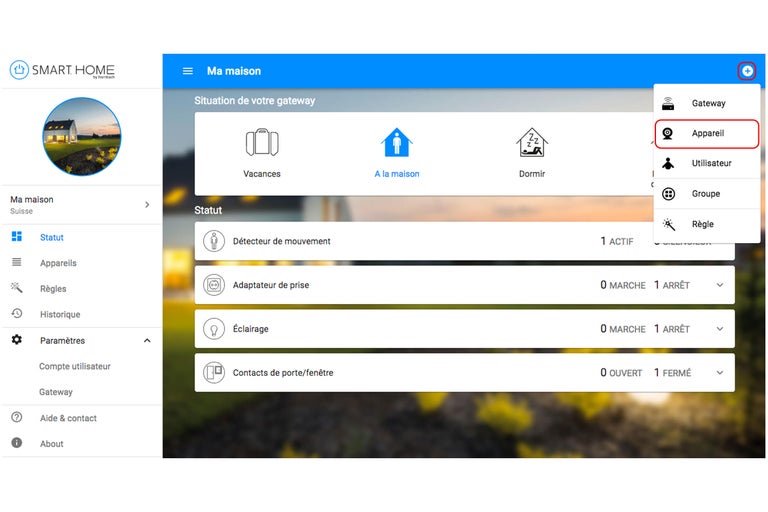 Vue de l'application Smart Home avec sélection des appareils