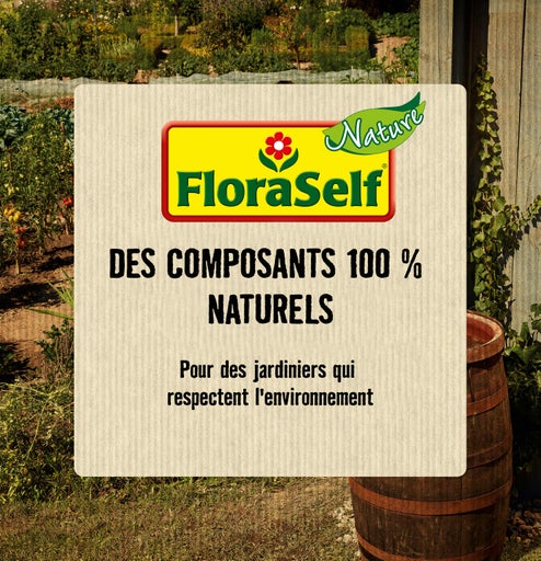 Publicité pour les produits FloraSelf avec le slogan 'Composants 100 % naturels'
