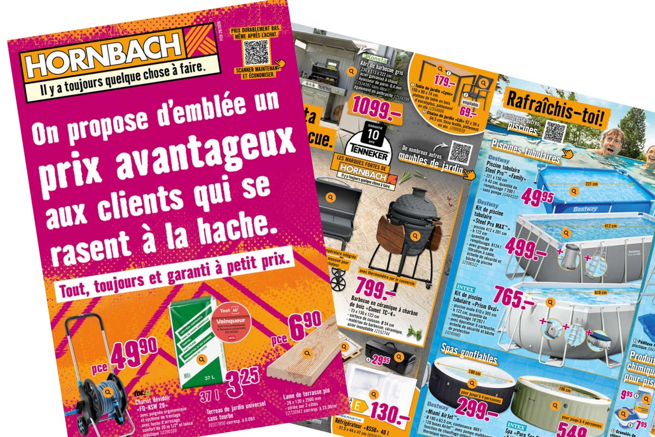Hornbach Logo sur prospectus avec produits de jardin tels que piscines, barbecues, mobilier, lames de terrasse, dévidoirs, prix et sceau de garantie.