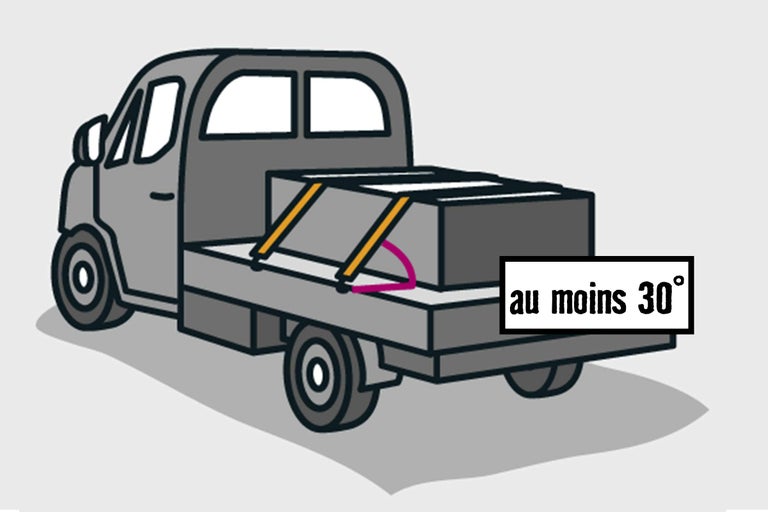 Illustration d'un camion transportant une cargaison ; la cargaison doit être fixée à un angle d'au moins 30 degrés