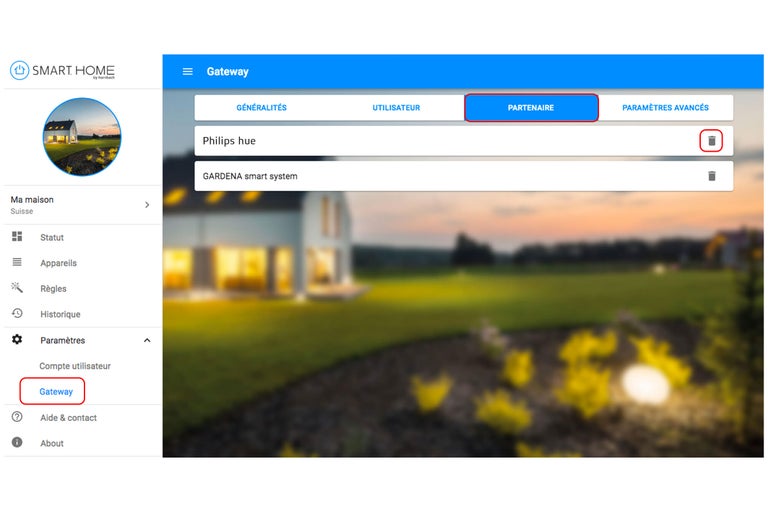 Paramètres de la passerelle de l'application Smart Home avec Philips Hue et Gardena Smart System