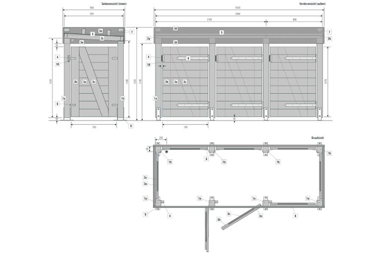 Schéma technique d'un abri de jardin avec dimensions et désignation des composants