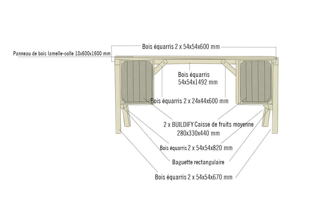 Illustration d'un design de meuble en bois avec dimensions et informations sur les matériaux.