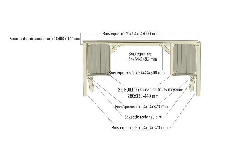Illustration d'un design de meuble en bois avec dimensions et informations sur les matériaux.