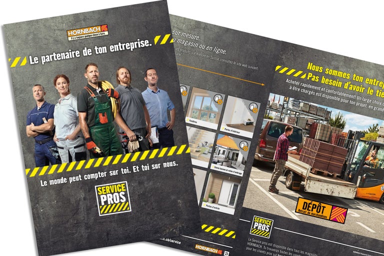 Dépliant Hornbach Service Pros avec des artisans et des informations sur la gamme et la distribution pour les clients professionnels.