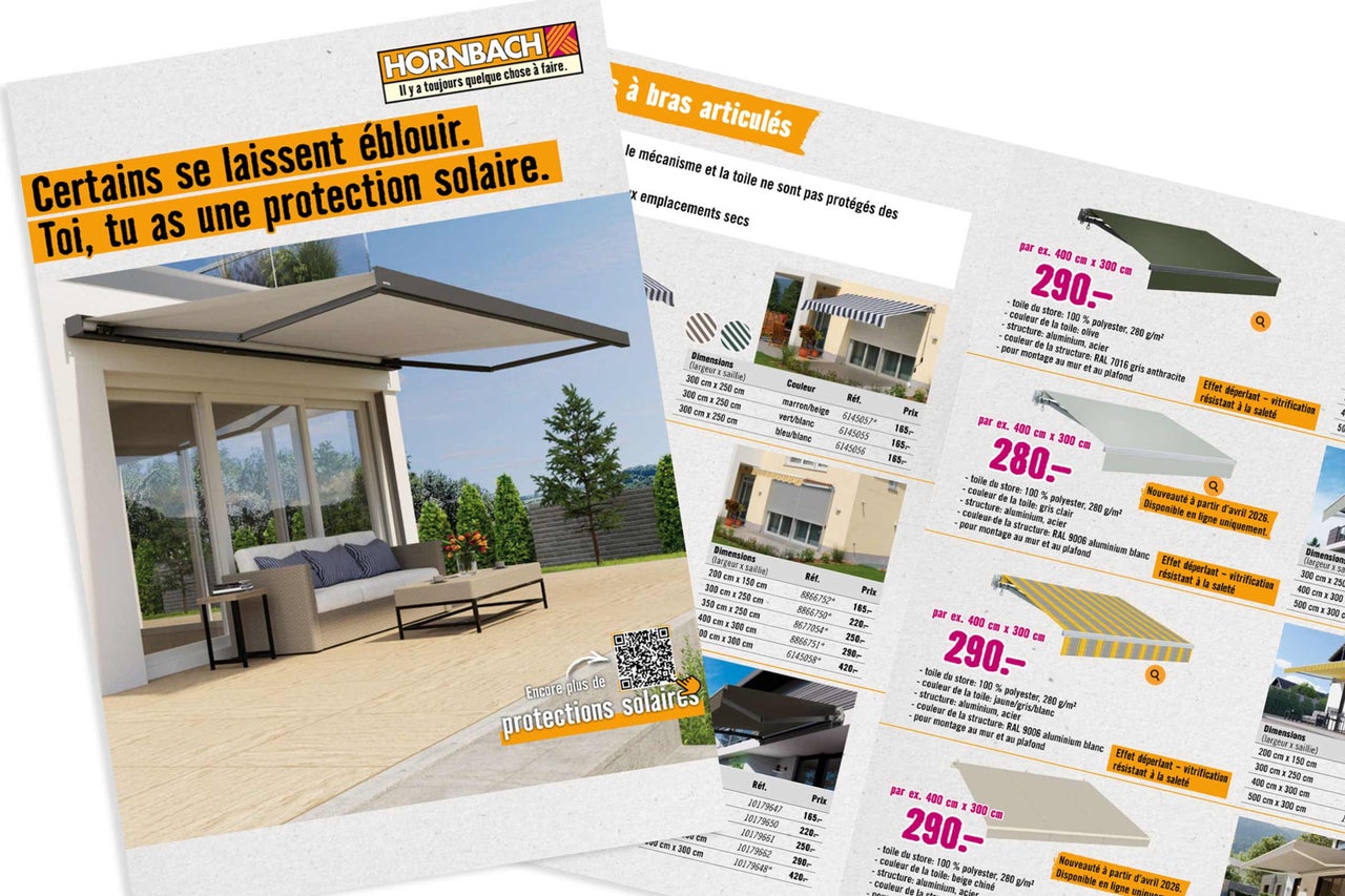 Logo Hornbach, brochure publicitaire pour stores à bras articulés, différents modèles et dimensions pour la terrasse comme protection solaire.