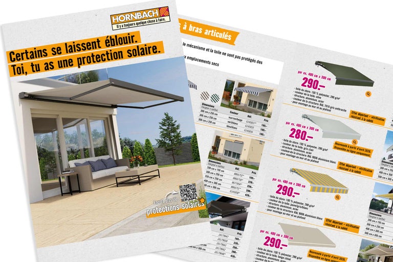 Logo Hornbach, brochure publicitaire pour stores à bras articulés, différents modèles et dimensions pour la terrasse comme protection solaire.
