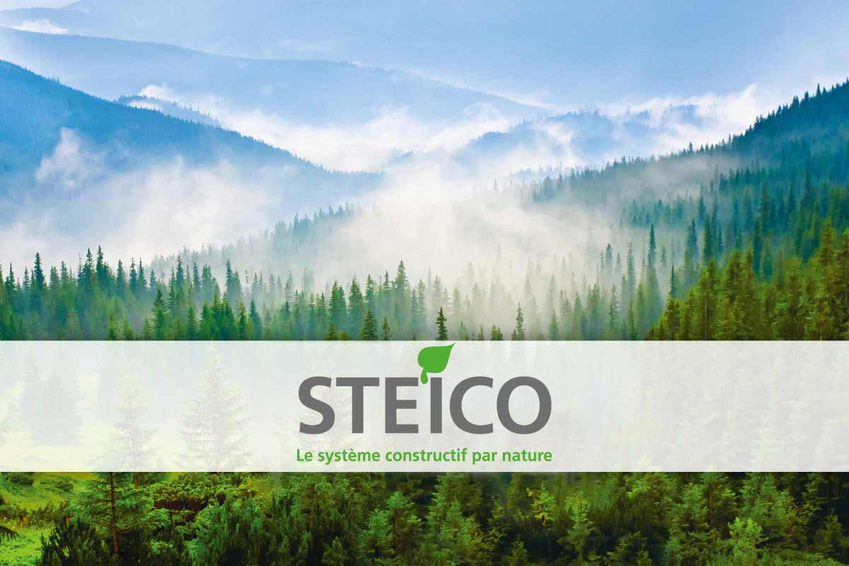 Logo Steico devant un paysage de montagne avec forêt