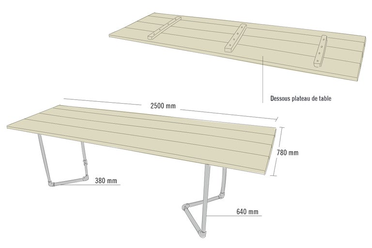 Schéma d'une table en bois mesurant 2500 x 780 x 640 mm et d'une hauteur de 380 mm