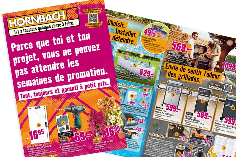 Prospectus publicitaire Hornbach présentant divers produits pour la maison, le jardin et le bricolage, tels que des barbecues, des piscines et des outils.