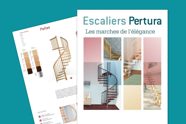 Page de catalogue de produits pour les escaliers Pertura, axée sur les escaliers en colimaçon et les escaliers en bois