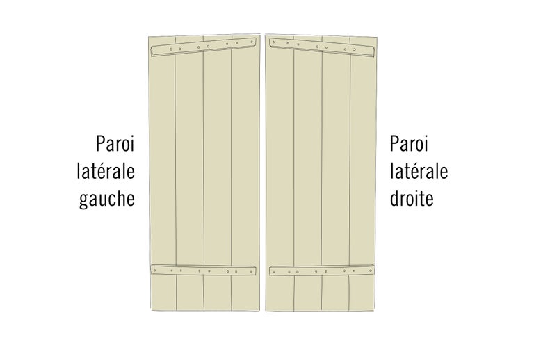 Deux panneaux latéraux avec des planches en bois et des bandes métalliques