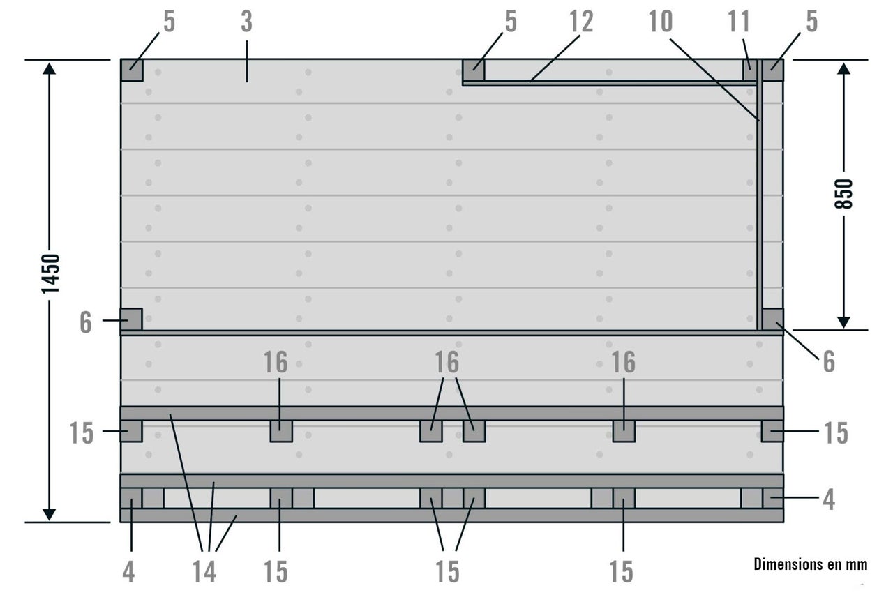 Dessin technique d'une construction de potager surélevé avec dimensions en millimètres