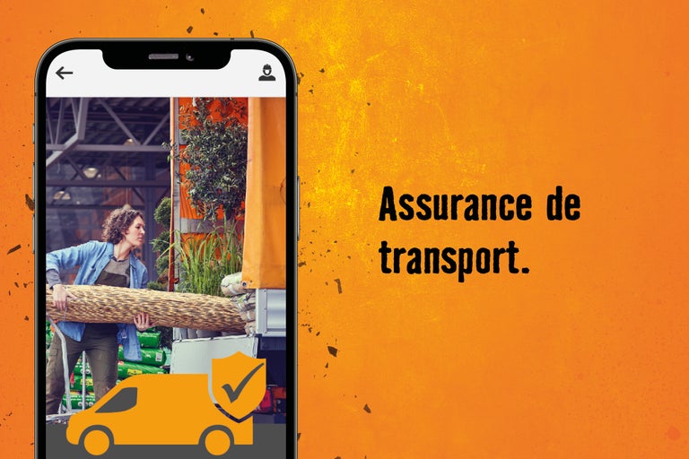Écran de téléphone portable avec une illustration d'une femme chargeant un tronc d'arbre dans une camionnette, à côté du texte assurance transport.