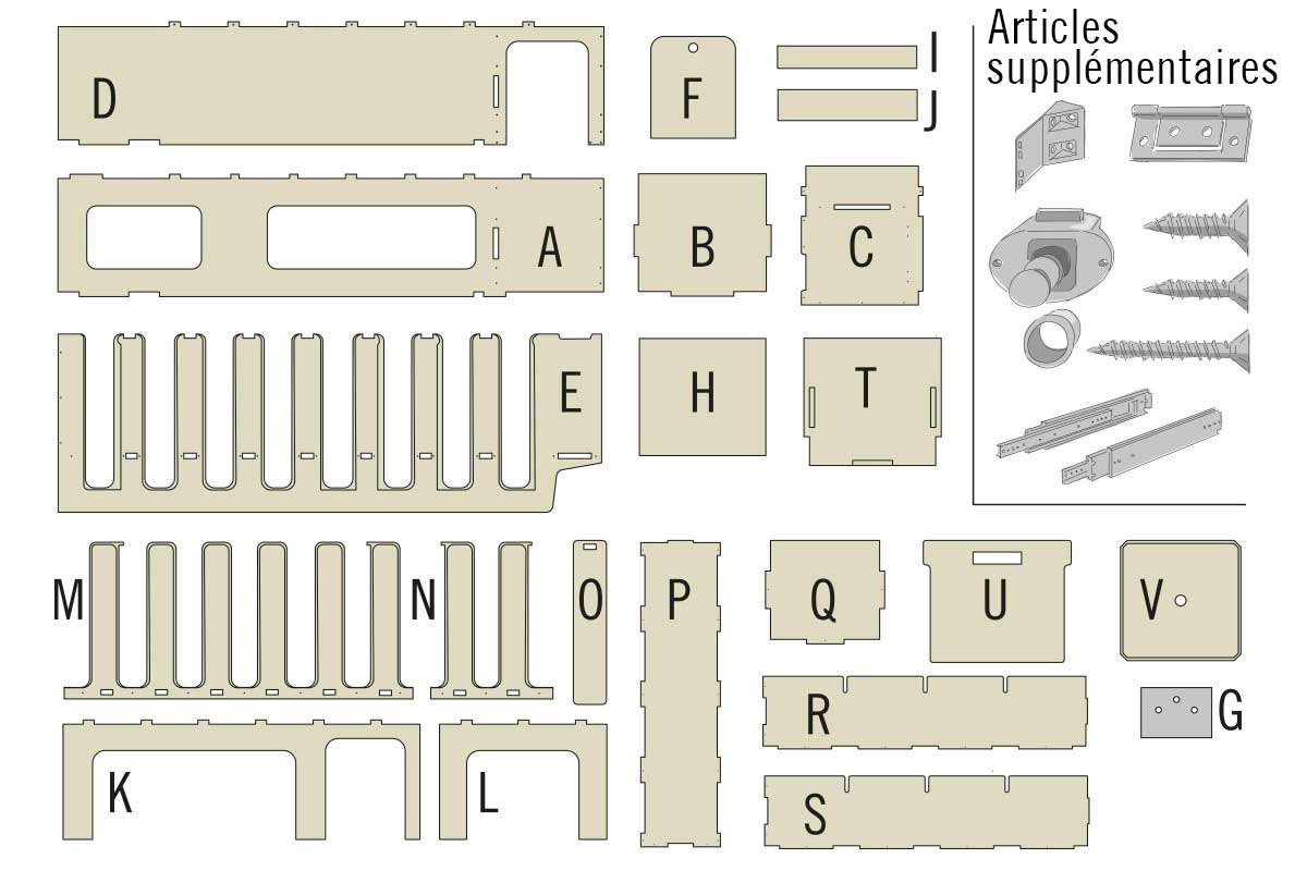 Aperçu des pièces individuelles et des accessoires supplémentaires pour meubles