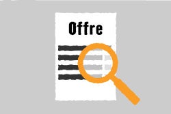 Symbole pour une offre détaillée avec une loupe au-dessus d'un document
