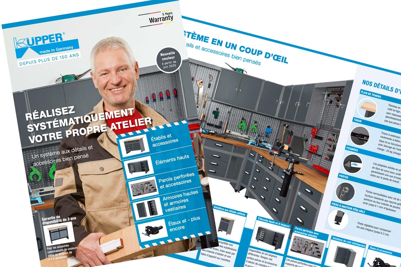 Brochure de présentation des systèmes d'aménagement d'atelier avec établis, armoires et accessoires