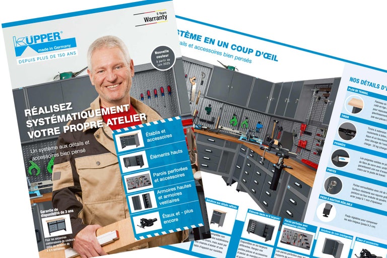 Brochure de présentation des systèmes d'aménagement d'atelier avec établis, armoires et accessoires