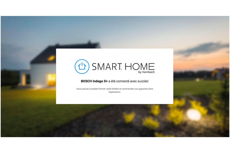 Affichage Hornbach Smart Home avec des informations sur la connexion d'un appareil Bosch Indego S+