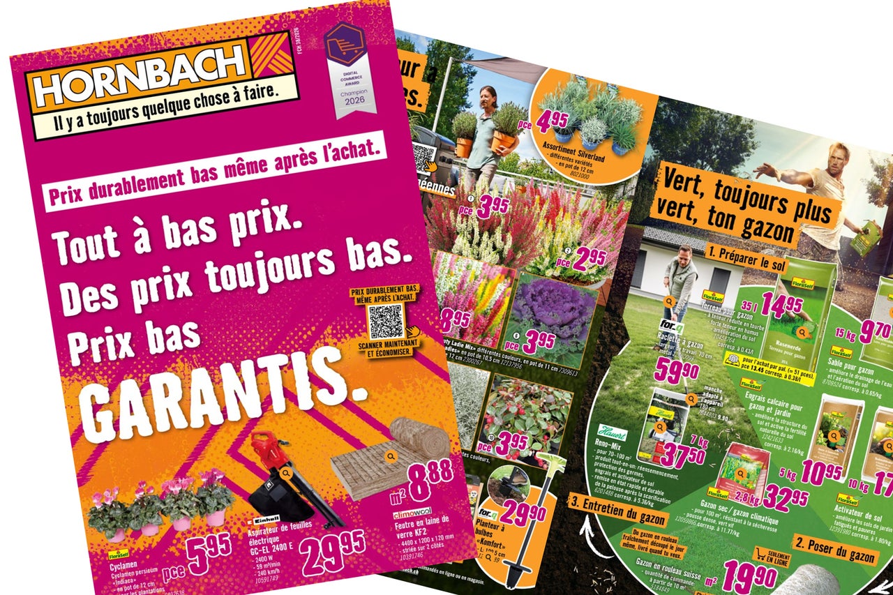 Dépliant publicitaire Hornbach avec des offres pour les plantes de jardin, produits d'entretien du gazon, outils électriques et isolants avec prix.