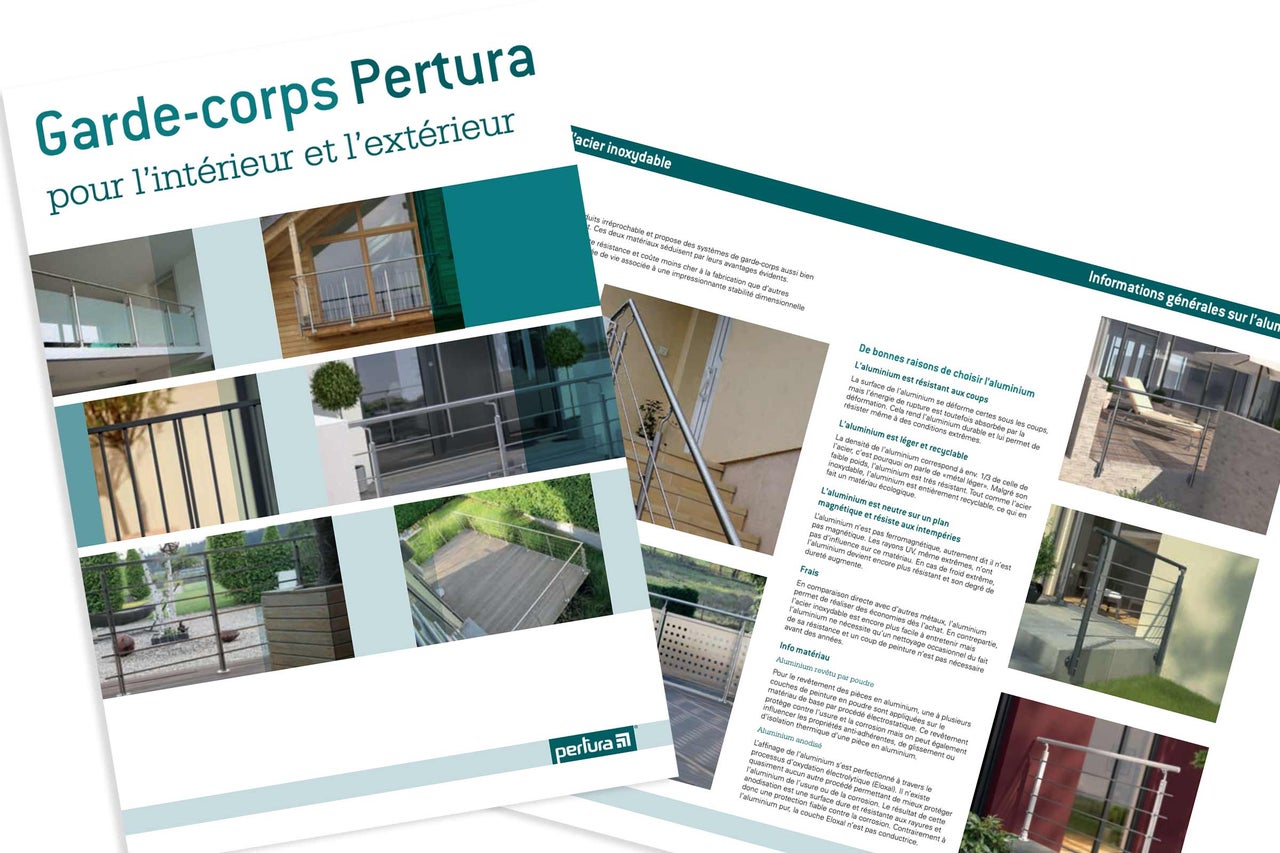 Brochure d'information pour les garde-corps Pertura en aluminium et acier inoxydable pour l'intérieur et l'extérieur.