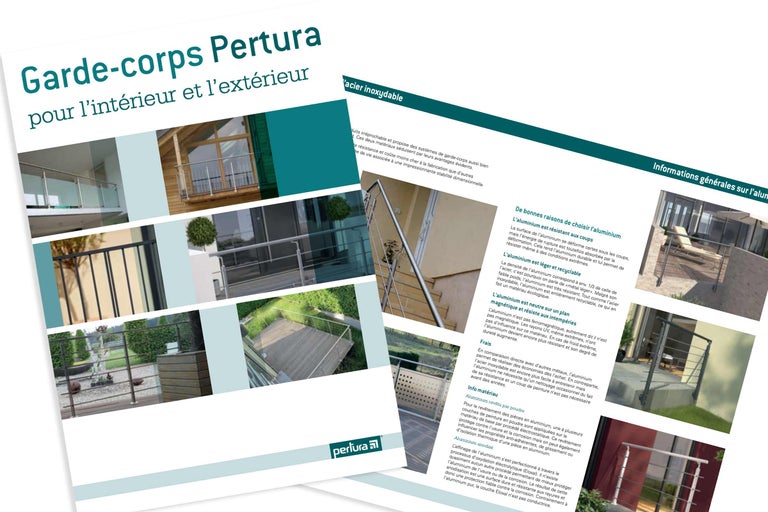 Brochure d'information pour les garde-corps Pertura en aluminium et acier inoxydable pour l'intérieur et l'extérieur.