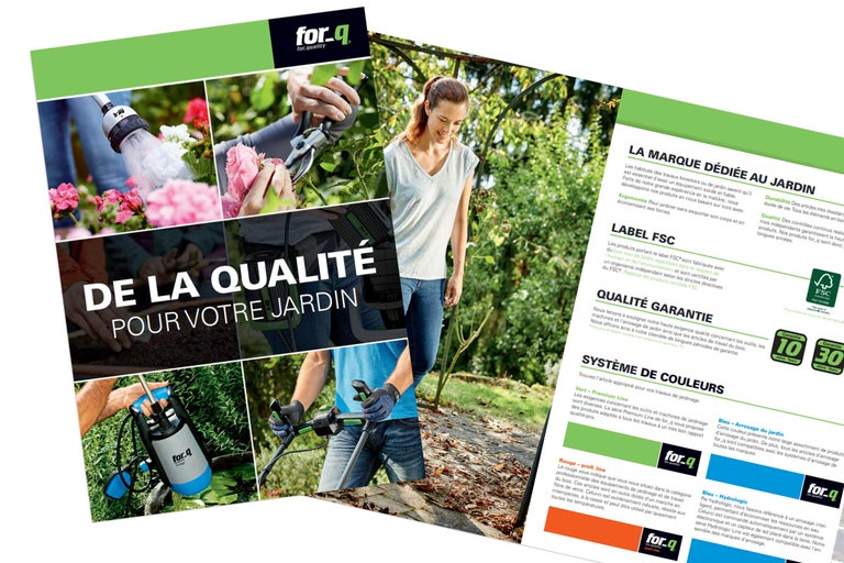Catalogue des produits de jardin for_q avec des informations sur la qualité, le label FSC et les systèmes de couleurs