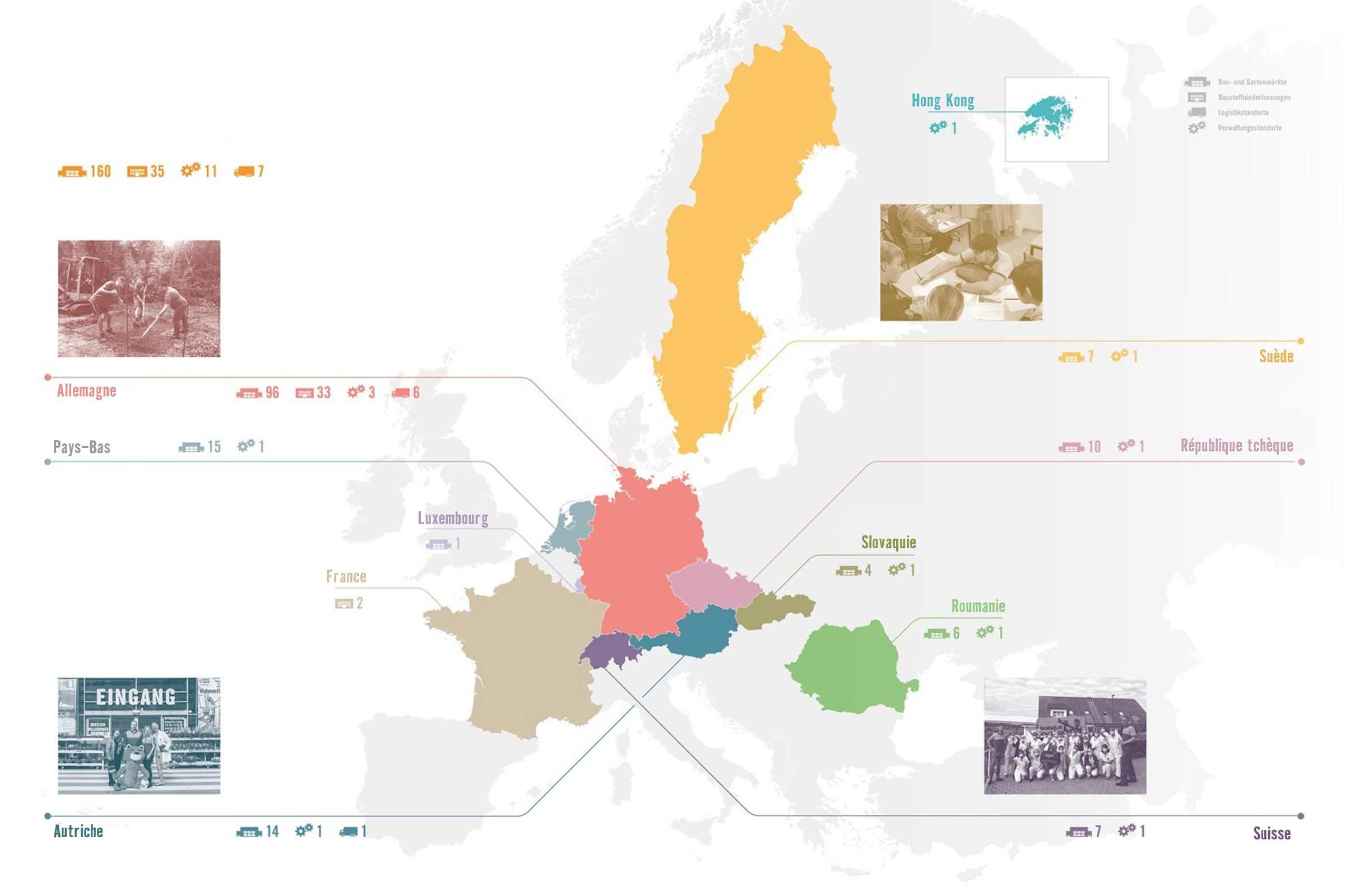 Carte de l'Europe indiquant l'emplacement des magasins de bricolage, des dépôts de matériaux de construction, des sites logistiques et des sites administratifs de Hornbach