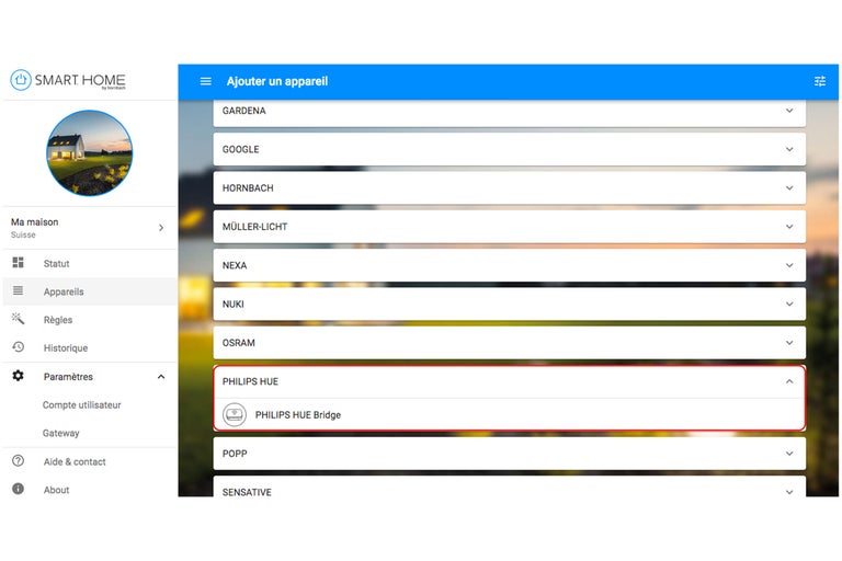 Interface de l'application Smart Home pour ajouter un appareil