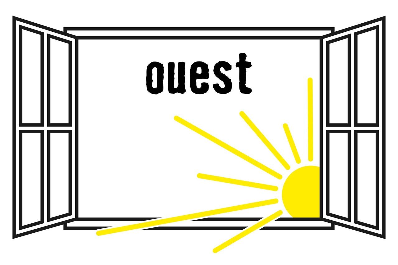 Fenêtre ouverte avec le mot ouest et un soleil