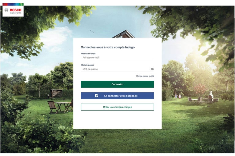 Logo Bosch. Page de connexion à un compte Bosch Indego avec une scène de jardin en arrière-plan.