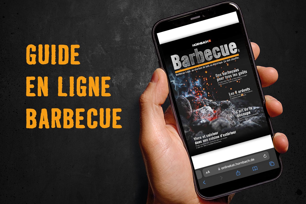 Un homme tient un smartphone avec le guide barbecue en ligne de Hornbach