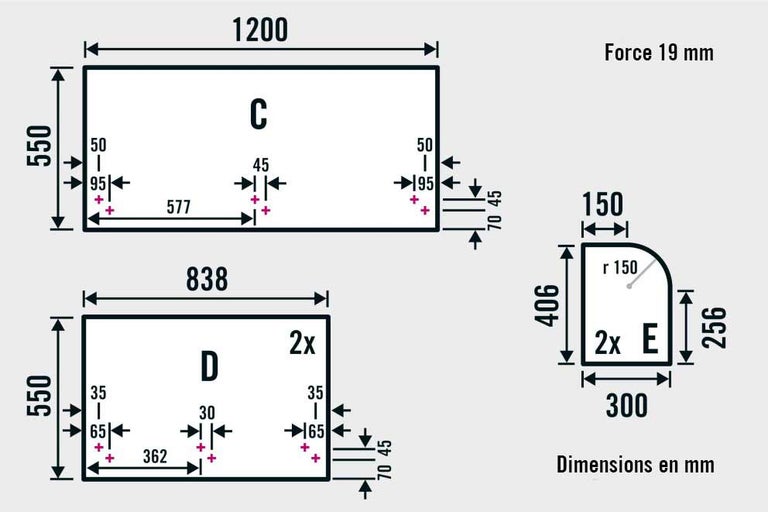 Dessin technique avec les dimensions des éléments de mobilier