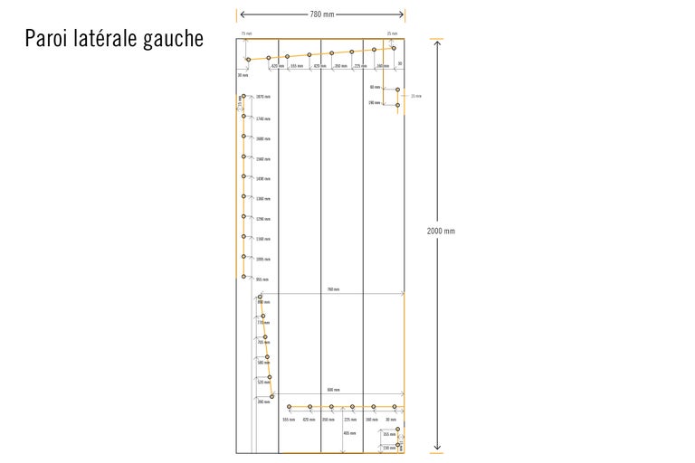 Dessin technique d'une paroi latérale gauche avec des dimensions en millimètres